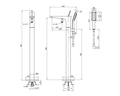 Змішувач для ванни Qtap Podlaha підлоговий (з душовим гарнітуром) QT19103VDC Chrome