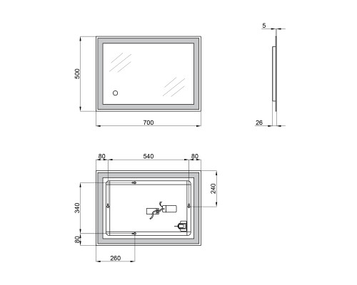 Дзеркало Qtap Stork 700х500 з LED-підсвічуванням Touch, димер, рег. яскравості Reverse QT15781403W