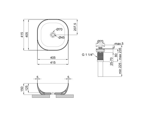 Раковина-чаша Qtap Kolibri 410x410x150 Matt black з донним клапаном QT10112144MBMB