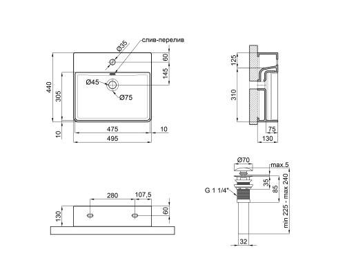 Раковина Qtap Nando LT 500х420х120 Matt black з донним клапаном QT12112173SMBMB