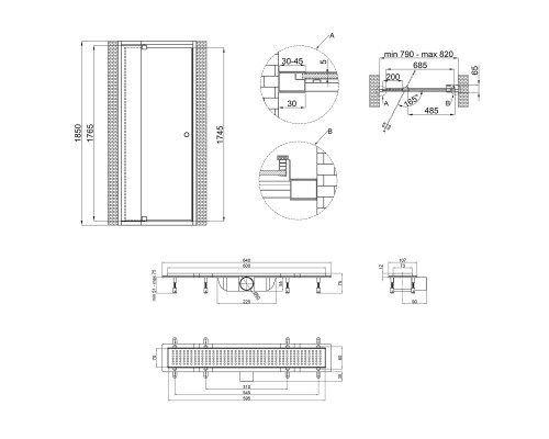 Набір Qtap двері в нішу Pisces WHI208-9.CP5 79-92х185 см, скло Pattern 5 мм + трап лінійний Qtap Dry FB304-600 з сухим закривом та нержавіючою решіткою 600х73 мм