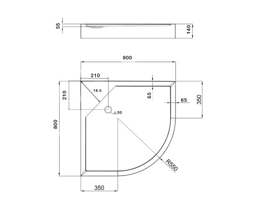 Lidz Душовий піддон KAPIELKA ST80x80x14 низький, напівкруглий, діаметр зливу 52 мм
