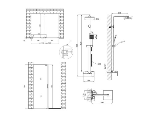 Готове рішення Qtap 13: Стіна Walk-In GLIDE, 120x190 + Душ. система