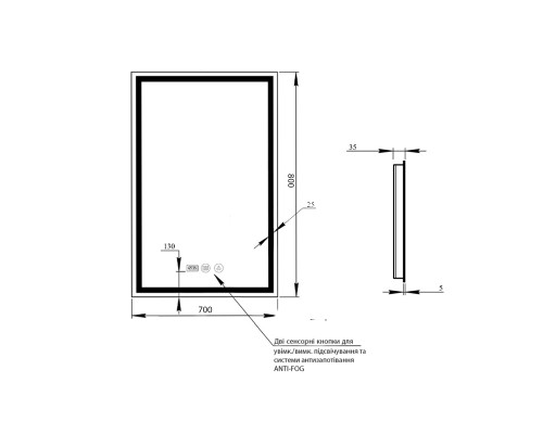 Дзеркало Qtap Mideya 700х800 з LED-підсвічуванням Touch, з антизапотіванням, з годинником, димером, рег. яскравості QT2078DCF7080W