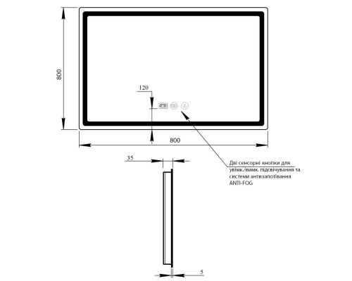 Дзеркало Qtap Mideya 800x800 з LED-підсвічуванням Touch, з антизапотіванням, з годинником, димером, рег. яскравості QT2078NCF8080W