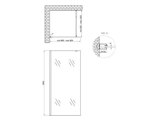 Душова перегородка Qtap Walk-In Standard BLM209.C8 90х190 см, скло Clear 8 мм, покриття CalcLess
