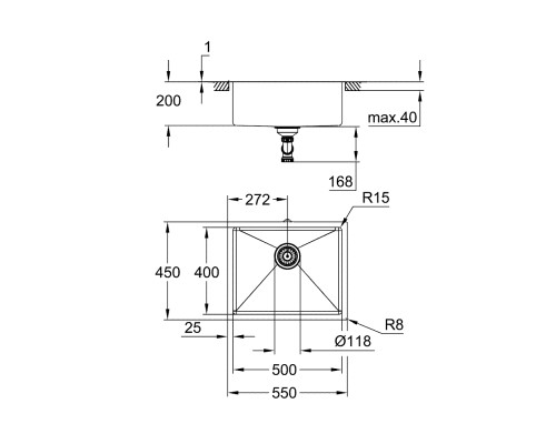 Grohe Мийка кухонна K700U, нерж.сталь, прямокут., без крила, 550x450x200мм, чаша - 1, уніврсальна, матовий теплий захід сонця