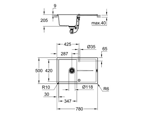 Grohe Мийка кухонна K400, граніт, прямокут., з крилом, 780x500x205мм, чаша - 1, врізна, сірий граніт