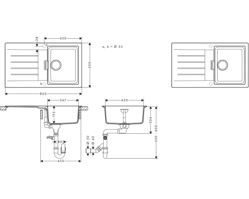 Hansgrohe Набір для кухні, гранітна мийка S520-F345 + зміш. Zesis M33, сірий камінь-сталь