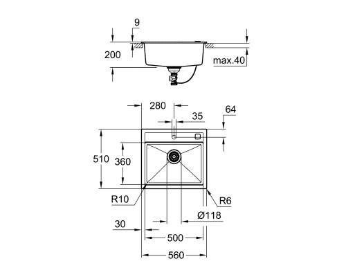 Grohe Мийка кухонна K700, граніт, прямокут., без крила, 560x510x200мм, чаша - 1, врізна, сірий граніт