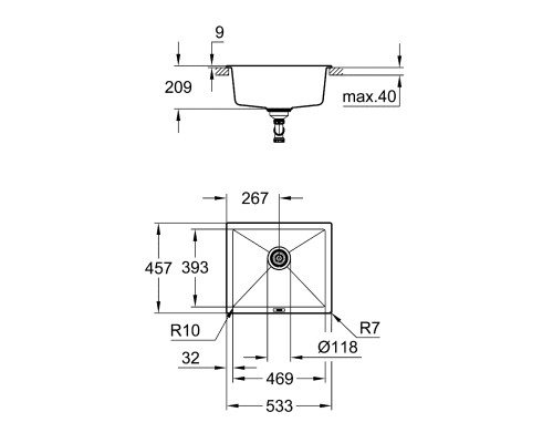 Grohe Мийка кухонна K700U, граніт, прямокут., без крила, 533x457x205мм, чаша - 1, врізна/під стільницю, сірий граніт