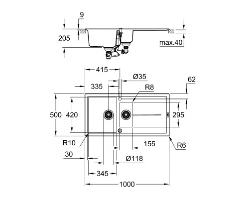Grohe Мийка кухонна K400, граніт, прямокут., з крилом, 1000x500x205мм, чаша - 2, врізна, чорний граніт