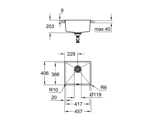 Grohe Мийка кухонна K700U, граніт, прямокут., без крила, 457x406x203мм, чаша - 1, врізна/під стільницю, чорний граніт